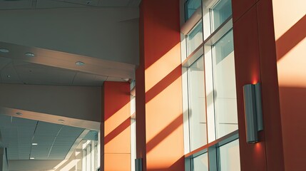 Fototapeta premium Modern building interior featuring minimalist design, large windows, and architectural elements with warm sunlight creating striking shadow patterns on orange walls