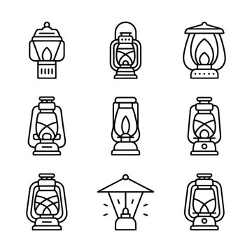 Collection of outline lantern icons set with illumination, adventure