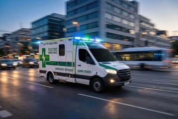 Fototapeta premium Blurred motion of electric ambulance driving fast through downtown roads