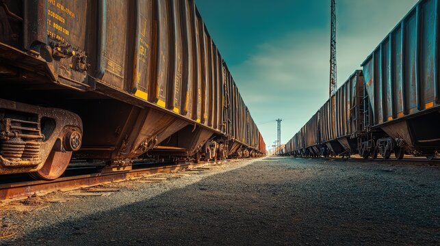 Rusty freight trains standing on parallel tracks, creating a stark visual of industrial transportation, logistics, and the vast scale of raw materials movement in commerce