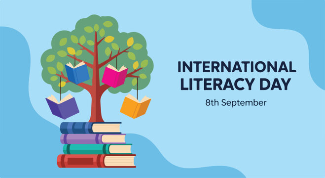 International Literacy Day celebrated with a tree of knowledge growing from stacked books symbolizing education