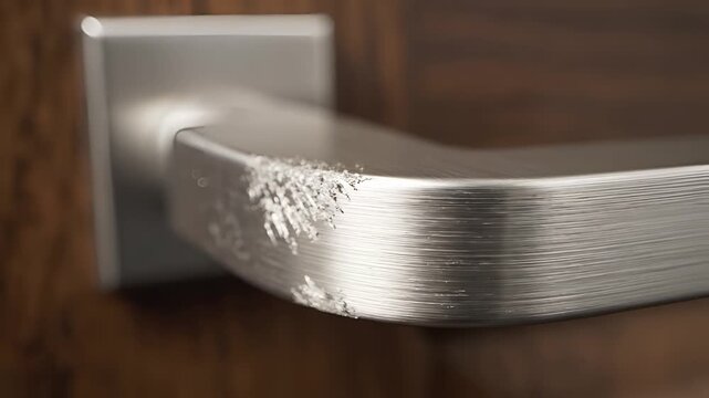 Closeup of a damaged brushed metal door handle on a wooden door.