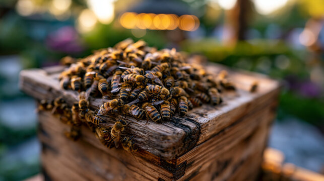 Dense cluster of honeybees coating the surface of a handcrafted wooden hive box at golden hour, amber light illuminating each wing with extraordinary clarity against a soft garden blur, ideal for po