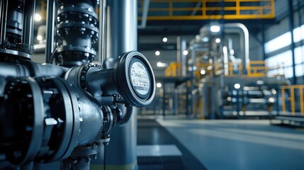 Fototapeta premium Industrial facility interior with intricate piping, valves and gauges, showcasing automated control systems, precision instrumentation and efficient modern production processes