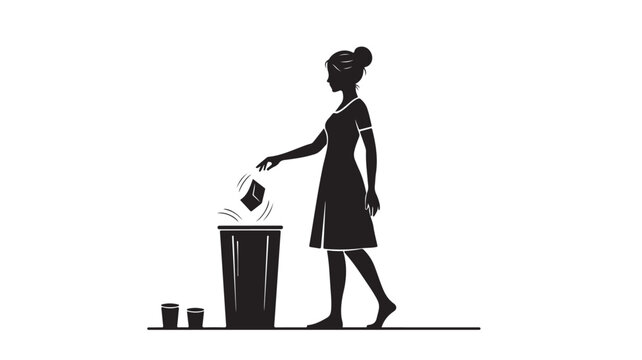 Black silhouette of woman throwing trash into a bin, female figure disposing of waste vector, clean environment and recycling concept illustration