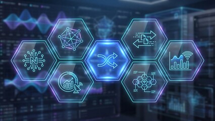 Fototapeta premium Digital interface displaying glowing hexagonal icons for network connectivity and data exchange in this modern high tech professional tech photograph