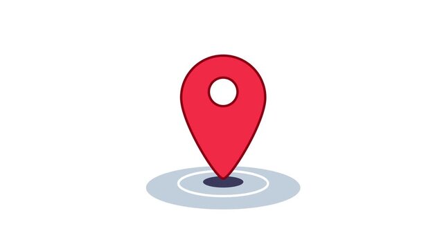 Animated red map pointer popping up and landing on shadow. Location pin drop animation on circle on white, isolated motion graphics
