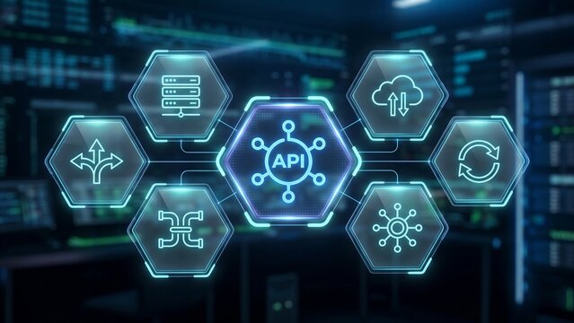 Futuristic digital interface displaying glowing api connection icons in a high tech server room environment for modern software development concepts