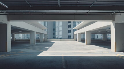 Fototapeta premium Empty multi level parking garage structure showcasing modern architecture and concrete design, creating an abstract urban scene with strong shadows and light