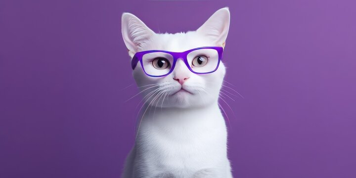 A white cat wearing purple glasses on a purple background.