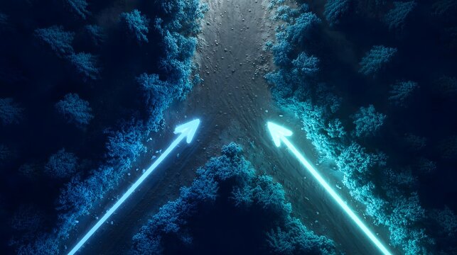 Conceptual background: Glowing arrows splitting into two directions at a Y-junction in a dark forest
