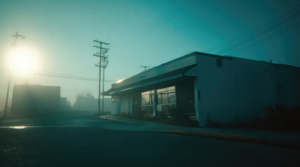Obraz premium Fog enshrouding an empty urban street scene at dawn, with building fronts, telephone poles, and power lines creating a desolate and mysterious atmosphere