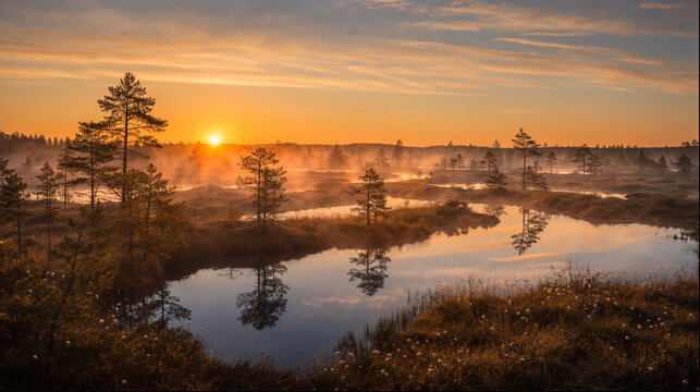 Misty estonian bog at sunrise with reflections in pools and pines