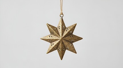 Fototapeta premium Golden ornate star Christmas ornament hanging on a string against a neutral background