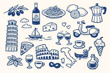 Italian travel doodles and food icons set, hand drawn blue ink illustrations of landmarks and cuisine, mediterranean vacation vector elements © Muhammad
