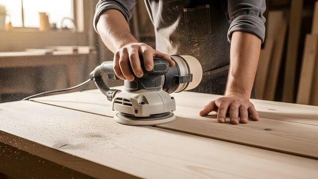 Close-up of a woodworker's hands using an electric sander on a wooden surface, creating a smooth finish for a project