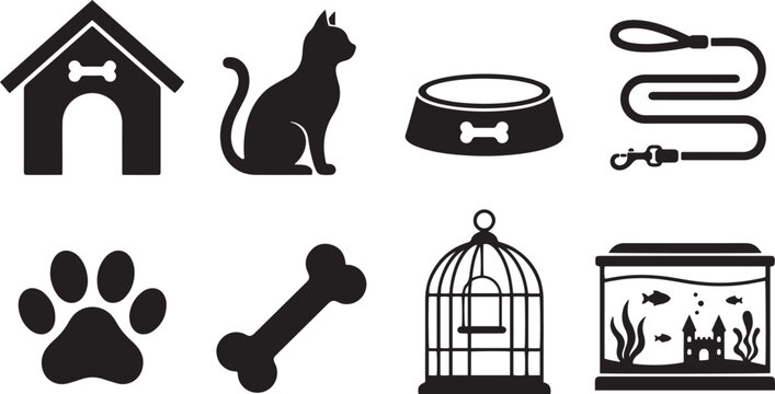 Pet care icons set with animal house cat bowl leash paw print bone bird cage and fish aquarium vector elements.