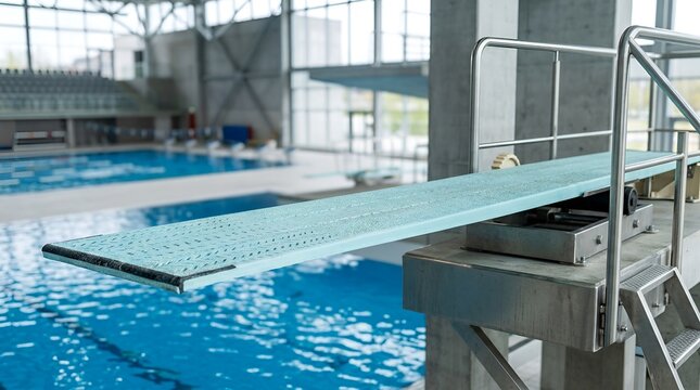 Empty diving board over swimming pool in modern sports complex