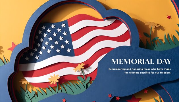 Memorial Day Layered Paper Art Banner with Accurate American Flag and Golden Daisy Flowers, Bright Yellow Dominant Premium Papercut Craft Design 16:9
