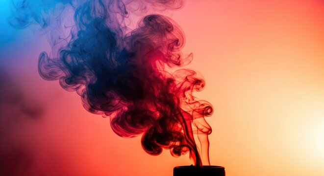 Vibrant abstract texture featuring swirling blue and red smoke blending into a warm orange haze, creating a dynamic fluid motion background, composition, spectral, abstract