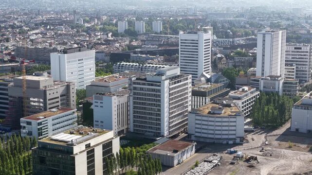 Aerial view of basel cityscape with rhine river and novartis campus