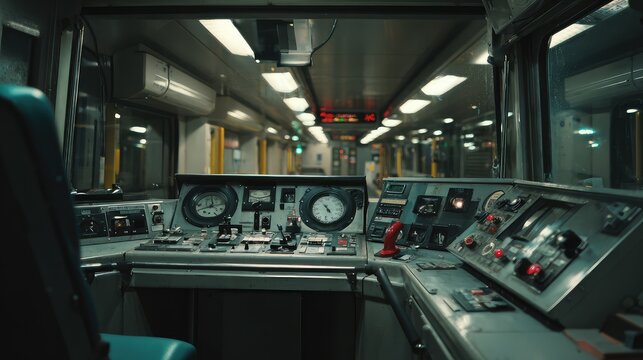 Metro train cockpit at night showing a detailed control panel with gauges, buttons, levers and digital displays, highlighting modern urban transit technology and operator station