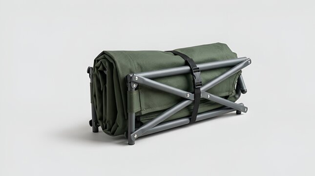 Foldable Green Camping Cot Rolled Up with Metal Frame
