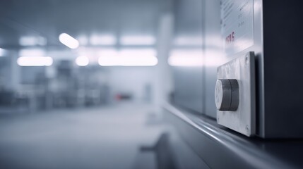 Fototapeta premium Precision control knob on stainless machinery in a sterile pharmaceutical cleanroom, highlighting high tech biotechnology manufacturing, precision engineering and quality control