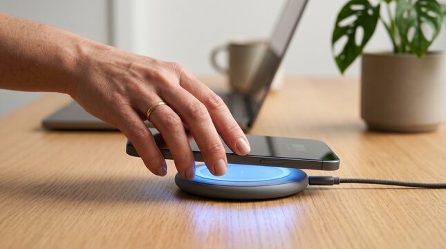 Ultra-realistic close-up of a hand placing a modern smartphone onto a wireless charging pad, soft blue charging glow illuminating the fingers