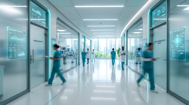 Medical professionals walking in a futuristic hospital corridor with glowing digital displays