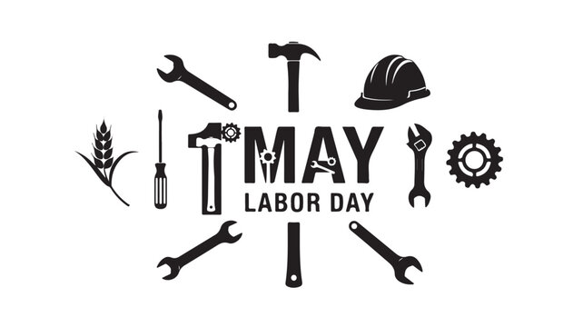 Labor Day 1 May vector illustration, industrial work tools and construction helmet icons, black silhouette worker holiday emblem for posters
