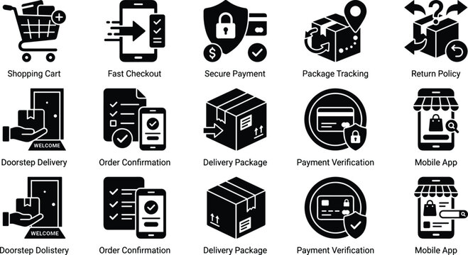 Complete digital retail shipping and transaction icon set with payment verification secure credit card parcel tracking and checkout graphics