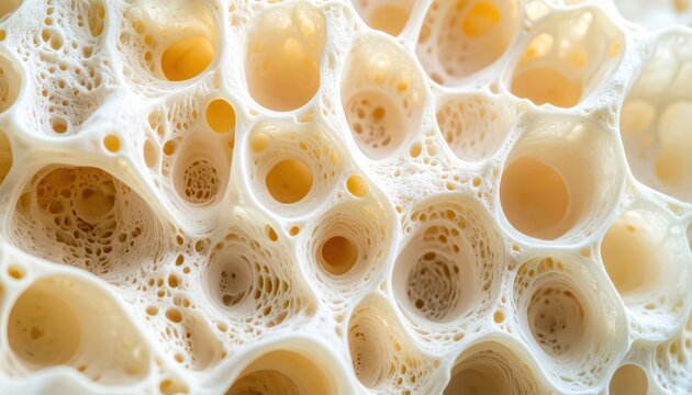Super macro of natural sea sponge surface showing a solid labyrinth of porous cream cells, organic marine texture and delicate aquatic structure.