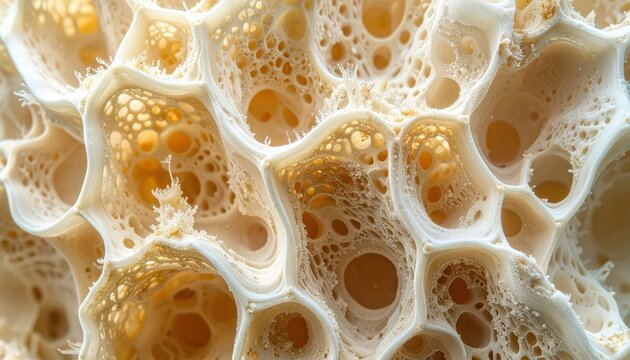 Super macro of natural sea sponge surface showing a solid labyrinth of porous cream cells, organic marine texture and delicate aquatic structure.