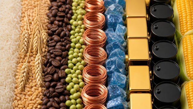 Diverse Global Commodities Collection Showcases Essential Raw Materials Arranged in Organized Columns Highlighting Economic Trade Wealth and Natural Resources Market Diversity