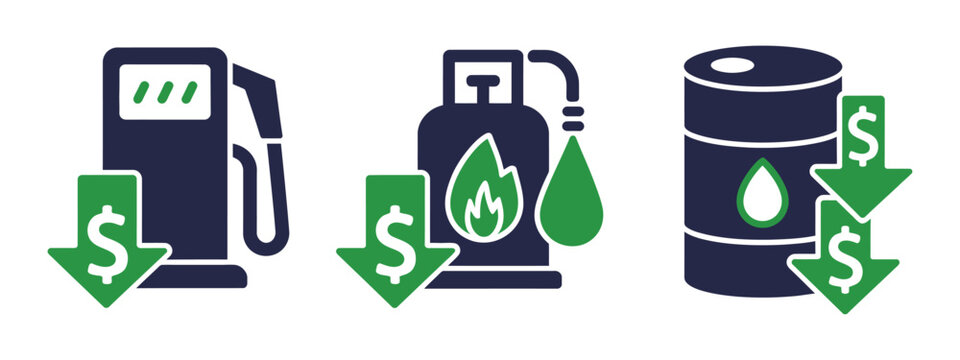 Fuel and energy price drop icons set with gas pump, oil barrel, and propane tank showing decreasing cost trends.