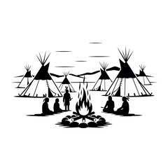 Native American Campfire Scene with Teepees and People. © Dira