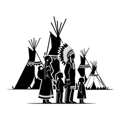 Native American Family and Tipis Silhouette. © Dira
