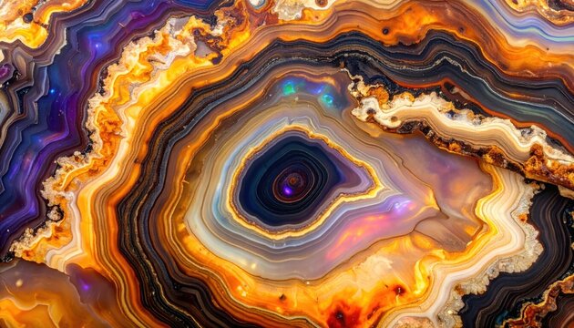 Super macro of petrified wood grain infused with colorful opal, showing polished rings, mineral layers and glossy fossil texture for abstract geology backgrounds.
