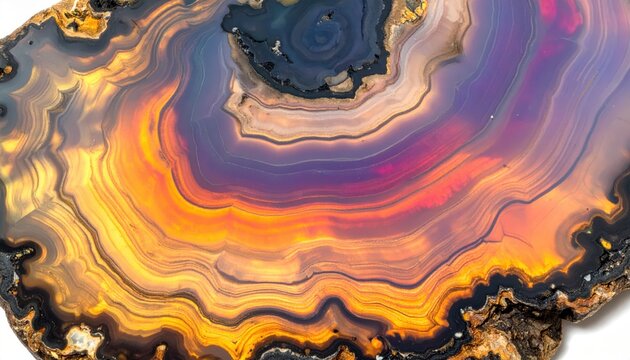 Super macro of petrified wood grain infused with colorful opal, showing polished rings, mineral layers and glossy fossil texture for abstract geology backgrounds.