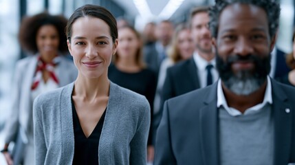 Obraz premium Eine lächelnde Frau im grauen Blazer geht selbstbewusst durch einen hellen Flur, begleitet von einer vielfältigen Gruppe im Hintergrund.