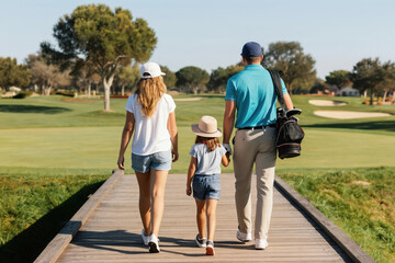 Fototapeta premium Family walks on wooden bridge near golf course green grass fairway. Father carries golf bag, mother and child walk ahead in casual summer attire.