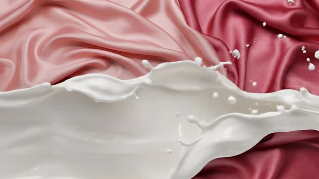 Creamy White Liquid Splashing Over Luxurious Pink Silk Fabric.