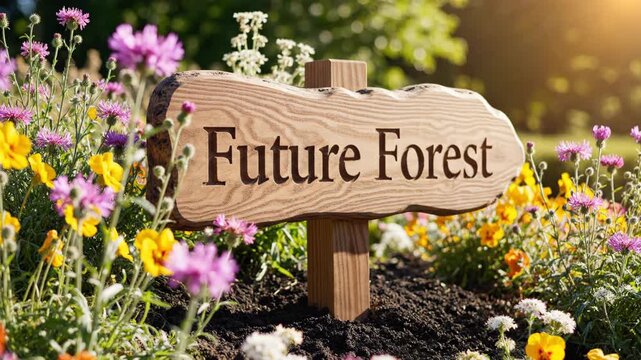 A wooden sign with the text "Future Forest" in a sunny flower garden. Reforestation and tree planting for environmental conservation. Sustainability and new growth concept