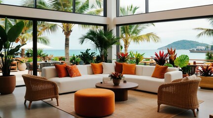 Fototapeta premium Interior living room with white sectional sofa, rattan chairs, orange accents. Green plants fill space, framing view of ocean, palm trees. Modern comfort meets tropical ambiance, perfect for