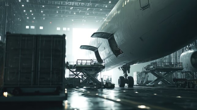 Large airplane with open cargo doors undergoing freight loading procedures inside a maintenance hangar, preparing for global logistics and air cargo transport
