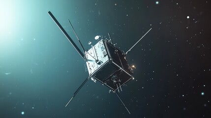Fototapeta premium Space satellite orbiting above a planet in the dark expanse, highlighting advanced technology used for navigation, observation, and broadcasting data across the world