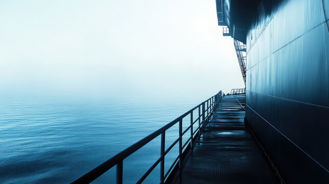 Large cargo ship deck and railing stretching into a misty, calm ocean, evoking serene solitude and expansive maritime horizon in cool, moody tones, morning seascape