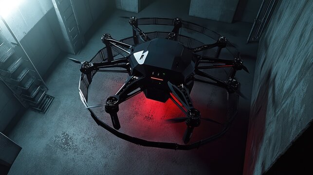 Futuristic surveillance octocopter drone standing ready for covert operations in a dark, confined industrial space, highlighting modern robotics and cutting edge technology