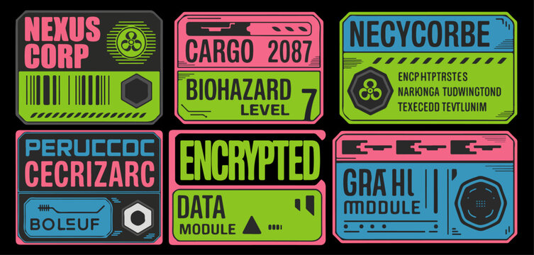 Decals with cyberpunk aesthetics and retro futuristic industrial labels Fake product sticker, cargo label, packaging tags with barcodes and technical symbols, brutalism sci-fi tech stickers vector set